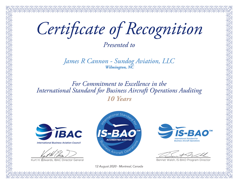 Auditor Certificates 10-year Sundog Aviation